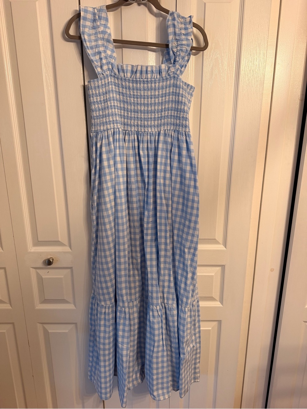 Womenโs Blue Gingham Smocked Sundress- Dorothy Costume